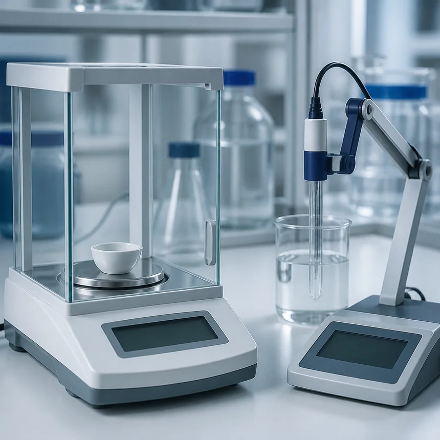 Balanza analítica con crisol y potenciómetro con electrodo