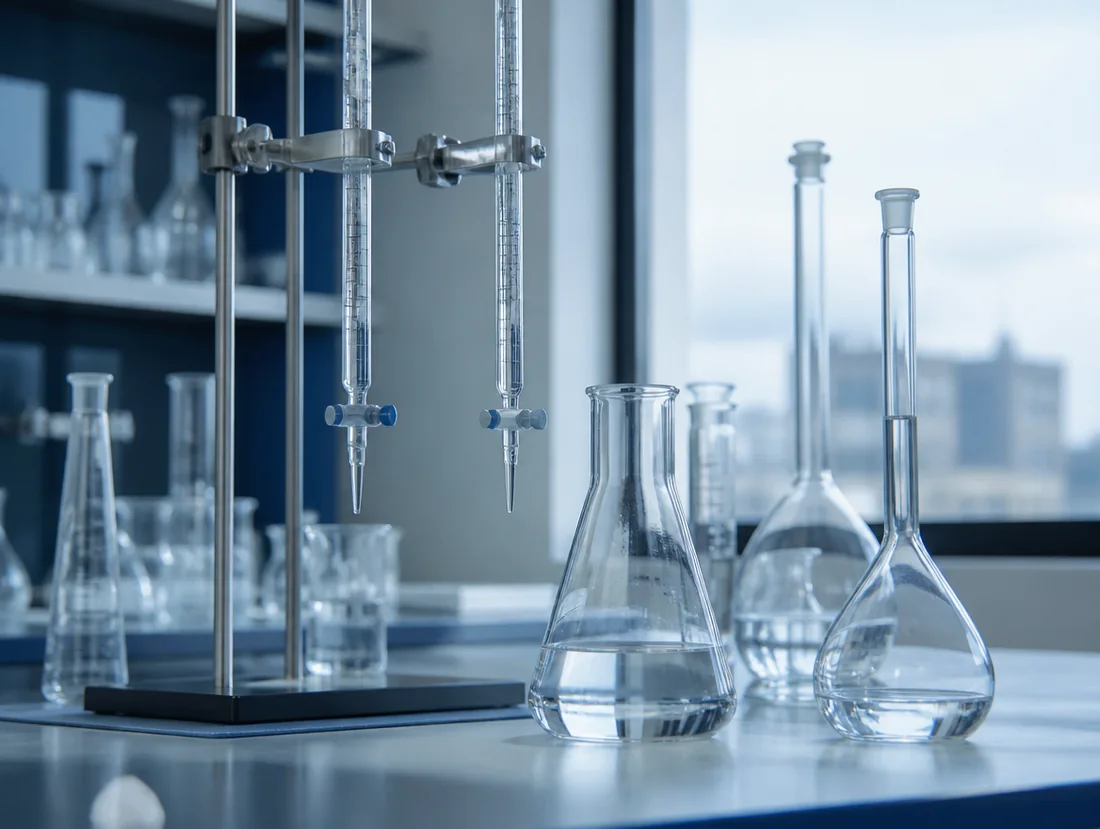 Buretas montadas en soporte junto a matraces aforados y erlenmeyer